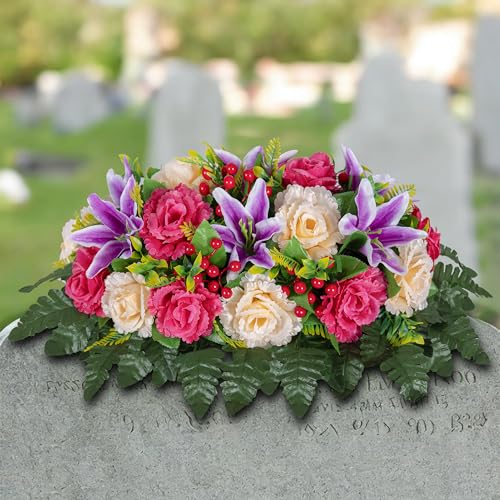 LVXINLI Cemetery Headstone Flower Saddle -Outdoor Grave Decorations ，Mixed of Artificial Silk Rose and Lily for Tombstones (red, Saddle) - Image 1
