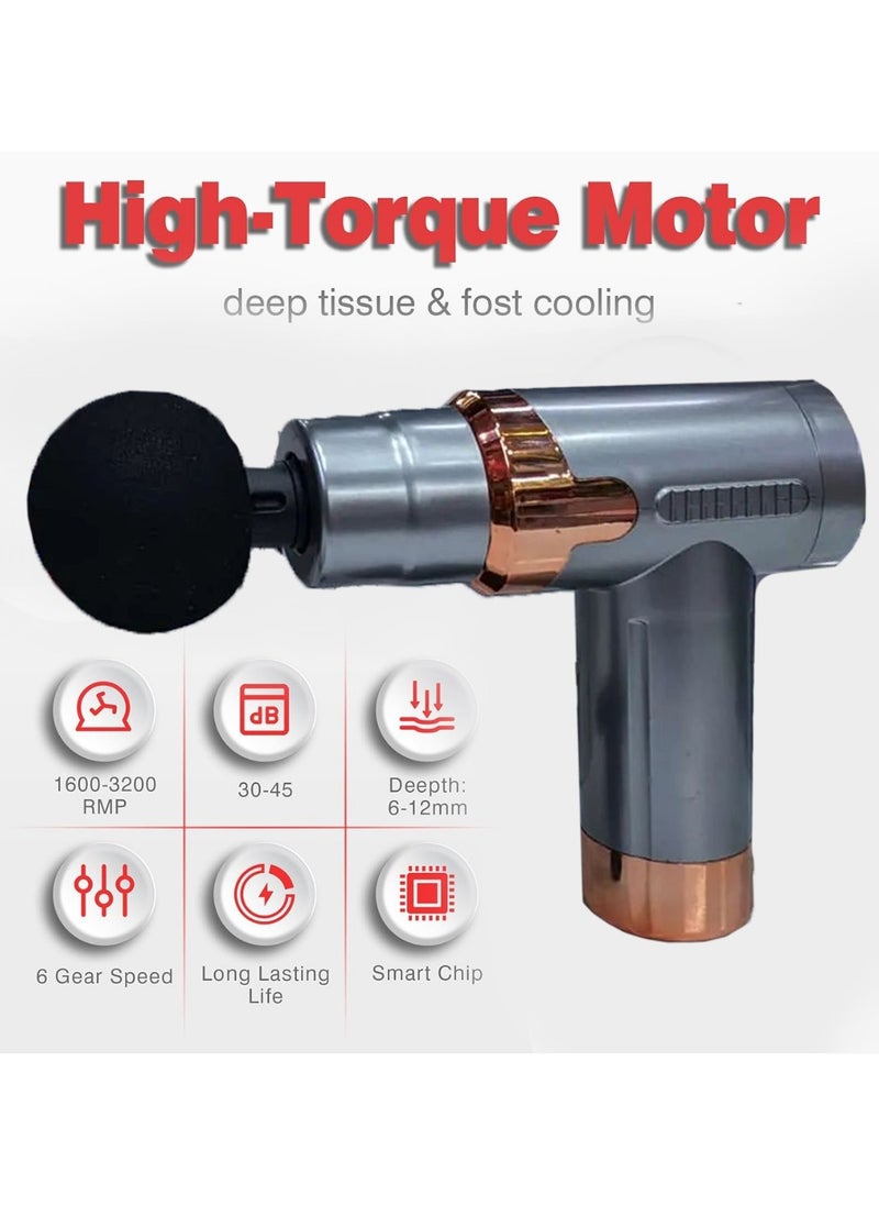 Deep Tissue Massage Gun, Cordless Handheld Muscle Percussion Massager with 6 Speed Levels And 4 Heads, Hand Massager for Shoulder And Back Relaxation Grey.