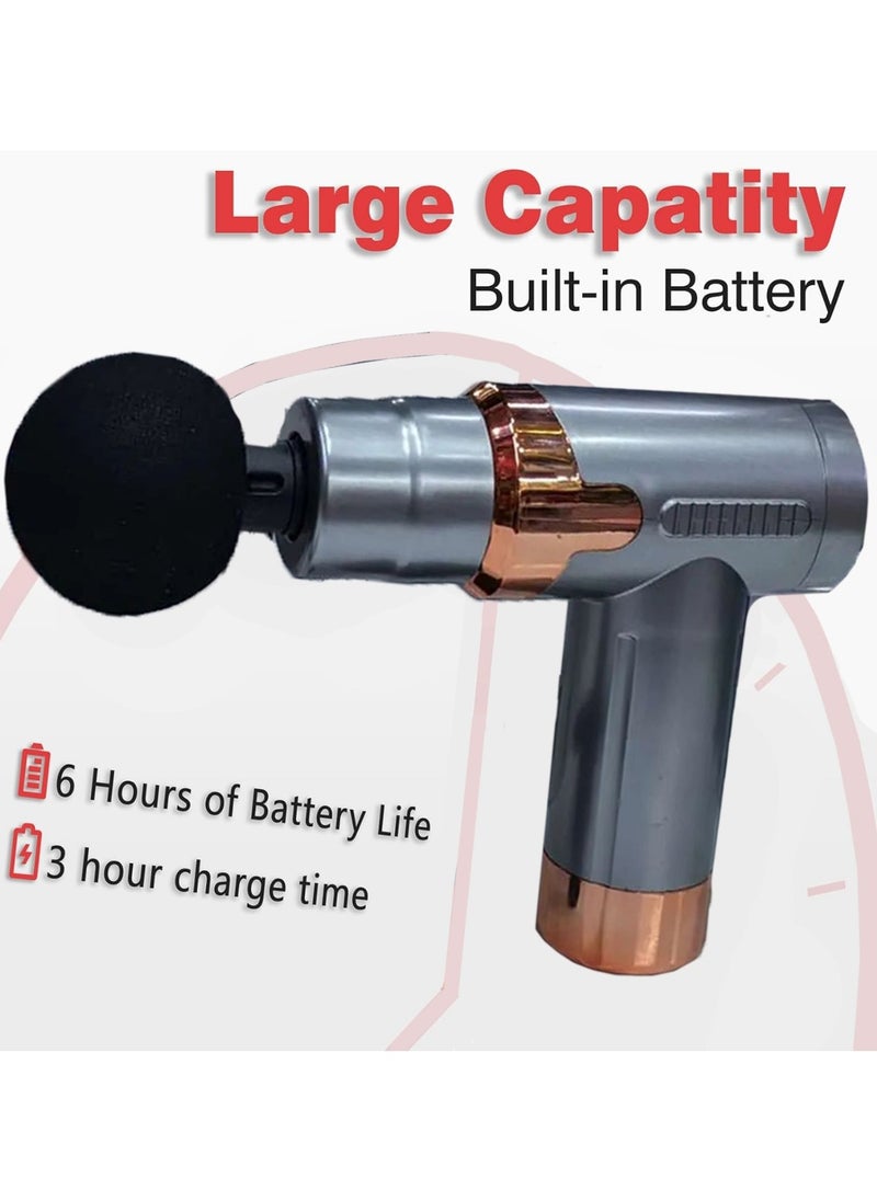Deep Tissue Massage Gun, Cordless Handheld Muscle Percussion Massager with 6 Speed Levels And 4 Heads, Hand Massager for Shoulder And Back Relaxation Grey.