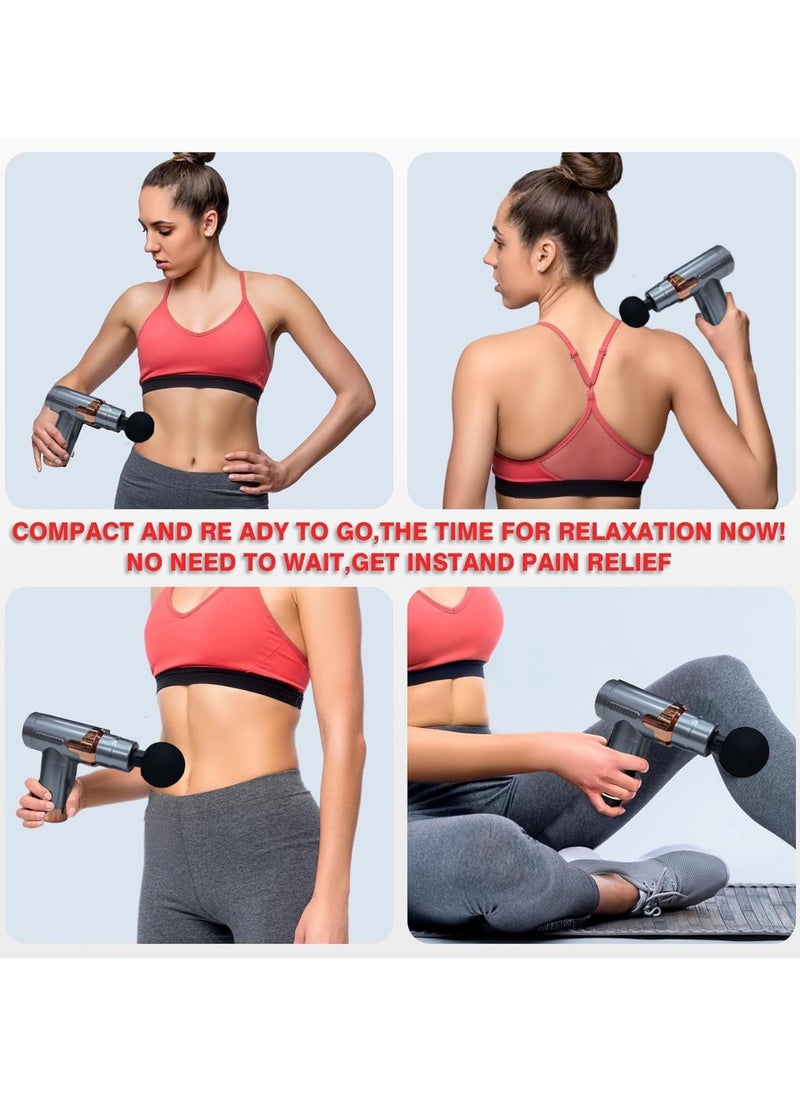 Deep Tissue Massage Gun, Cordless Handheld Muscle Percussion Massager with 6 Speed Levels And 4 Heads, Hand Massager for Shoulder And Back Relaxation Grey.