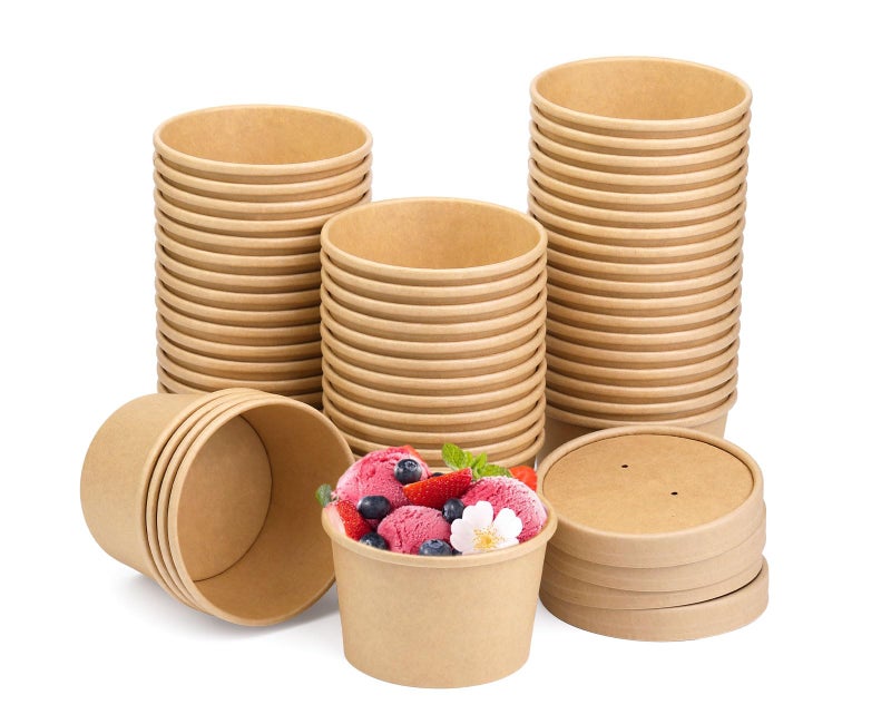 8 oz 50 Pack Paper Soup Containers with lids Disposable Kraft Food Cups Soup Cups Paper Ice Cream Cup Dessert Cup Yogurt Ice Cream Containers Great For Restaurants Take Outs or ToGo Lunch