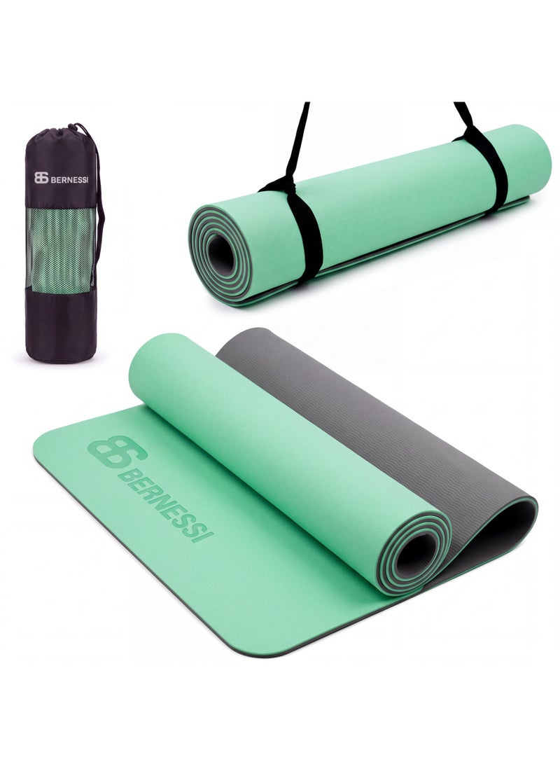 Bernessi 8MM Yoga Mat with Carrying Bag and Straps, Anti-Slip for Home Workout Exercises Meditation Eco Friendly, Non Skid TPE, GREEN - Image 1