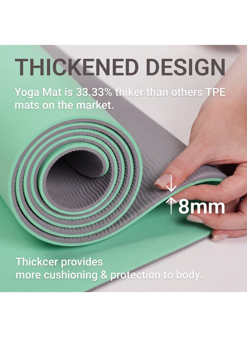 Bernessi 8MM Yoga Mat with Carrying Bag and Straps, Anti-Slip for Home Workout Exercises Meditation Eco Friendly, Non Skid TPE, GREEN - Image 3