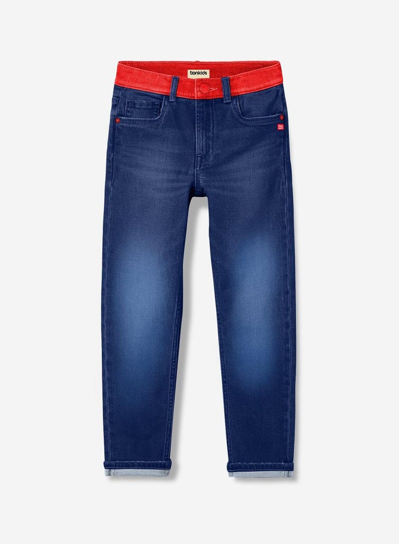 Bonkids Regular Printed Blue Cotton Jeans For Boys Pull On 100 % Cotton  - Image 1