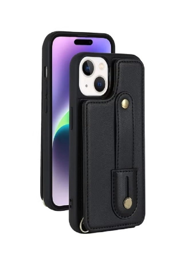 dida-cosmos - iPhone 15 Wallet Case Cover with Security Protector Card Phone Holder PU Leather Stand Bracket Phone Accessories Lanyard Anti-lose Neck Strap Detachable Bracket Anti-Drop for iPhone 15 Black - Image 1