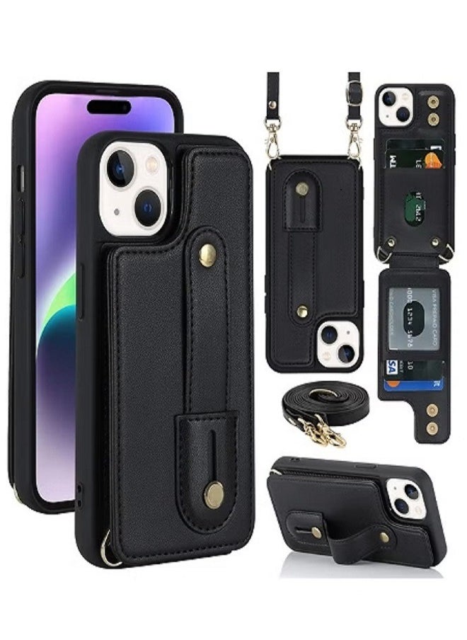 dida-cosmos - iPhone 15 Wallet Case Cover with Security Protector Card Phone Holder PU Leather Stand Bracket Phone Accessories Lanyard Anti-lose Neck Strap Detachable Bracket Anti-Drop for iPhone 15 Black - Image 1