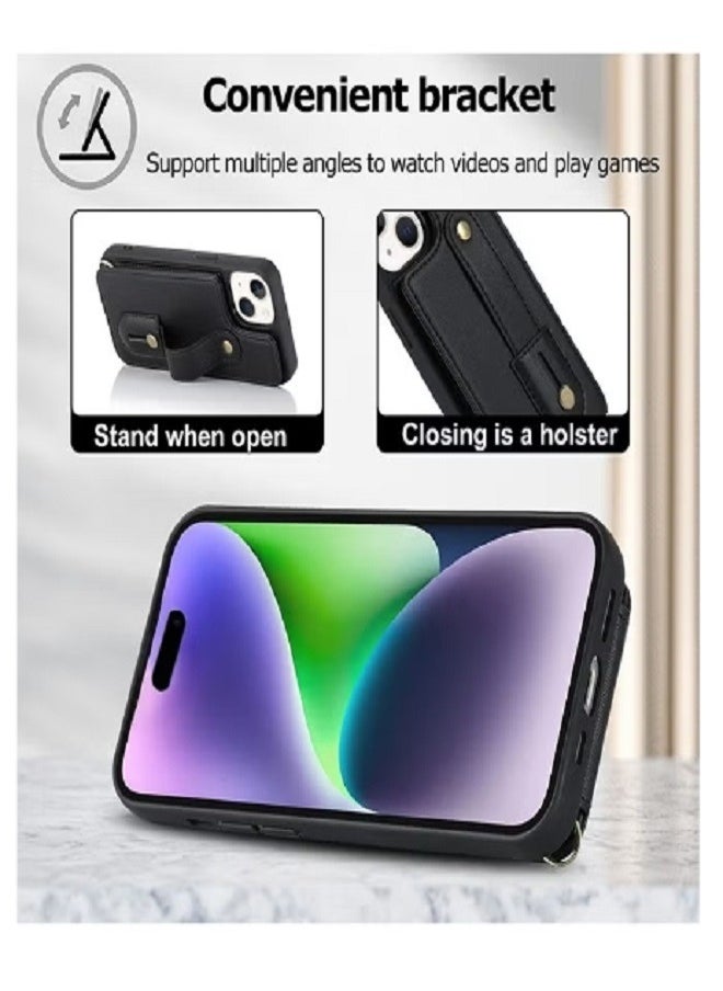 dida-cosmos - iPhone 15 Wallet Case Cover with Security Protector Card Phone Holder PU Leather Stand Bracket Phone Accessories Lanyard Anti-lose Neck Strap Detachable Bracket Anti-Drop for iPhone 15 Black - Image 1