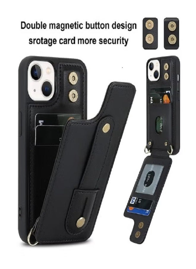dida-cosmos - iPhone 15 Wallet Case Cover with Security Protector Card Phone Holder PU Leather Stand Bracket Phone Accessories Lanyard Anti-lose Neck Strap Detachable Bracket Anti-Drop for iPhone 15 Black - Image 1