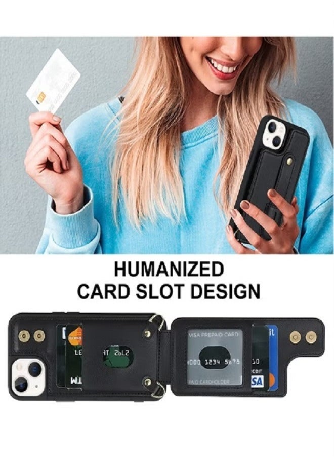 dida-cosmos - iPhone 15 Wallet Case Cover with Security Protector Card Phone Holder PU Leather Stand Bracket Phone Accessories Lanyard Anti-lose Neck Strap Detachable Bracket Anti-Drop for iPhone 15 Black - Image 1