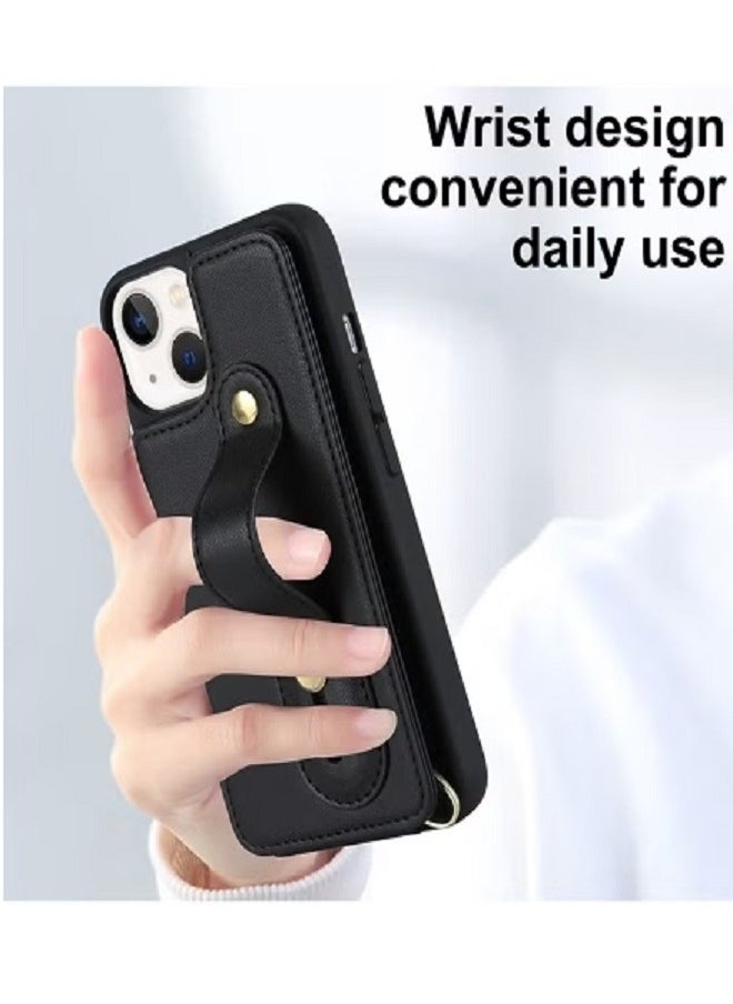 dida-cosmos - iPhone 15 Wallet Case Cover with Security Protector Card Phone Holder PU Leather Stand Bracket Phone Accessories Lanyard Anti-lose Neck Strap Detachable Bracket Anti-Drop for iPhone 15 Black - Image 1