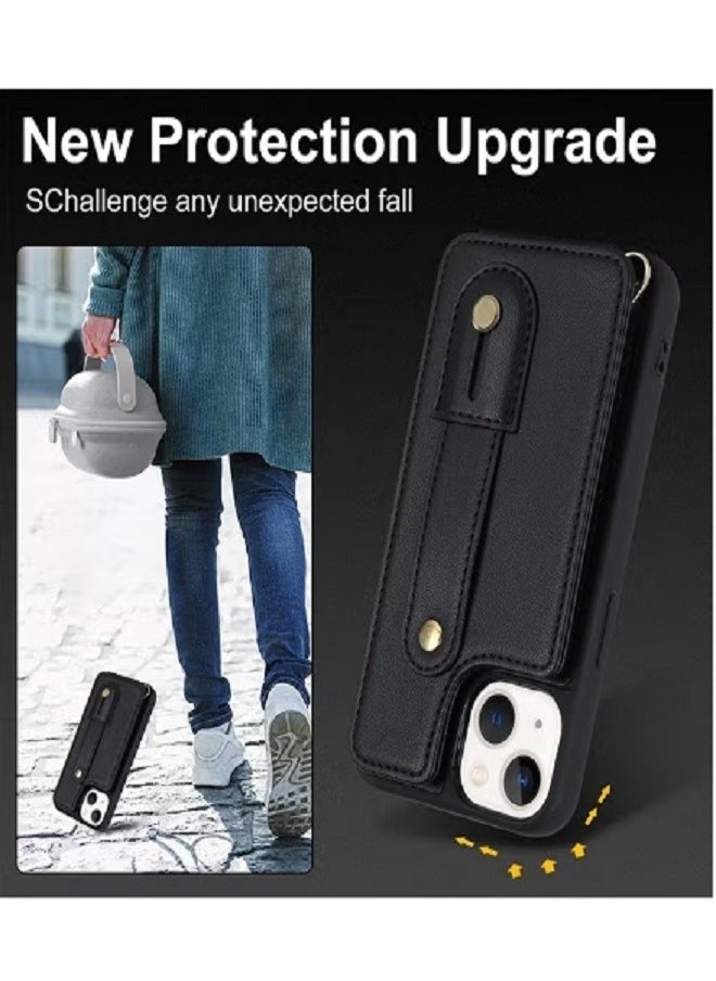 dida-cosmos - iPhone 15 Wallet Case Cover with Security Protector Card Phone Holder PU Leather Stand Bracket Phone Accessories Lanyard Anti-lose Neck Strap Detachable Bracket Anti-Drop for iPhone 15 Black - Image 1