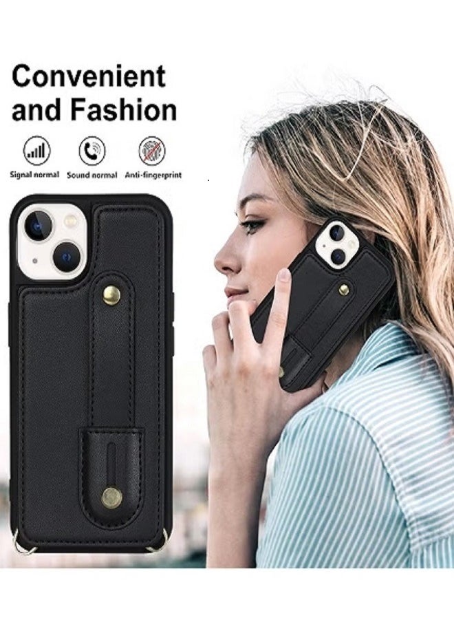 dida-cosmos - iPhone 15 Wallet Case Cover with Security Protector Card Phone Holder PU Leather Stand Bracket Phone Accessories Lanyard Anti-lose Neck Strap Detachable Bracket Anti-Drop for iPhone 15 Black - Image 1