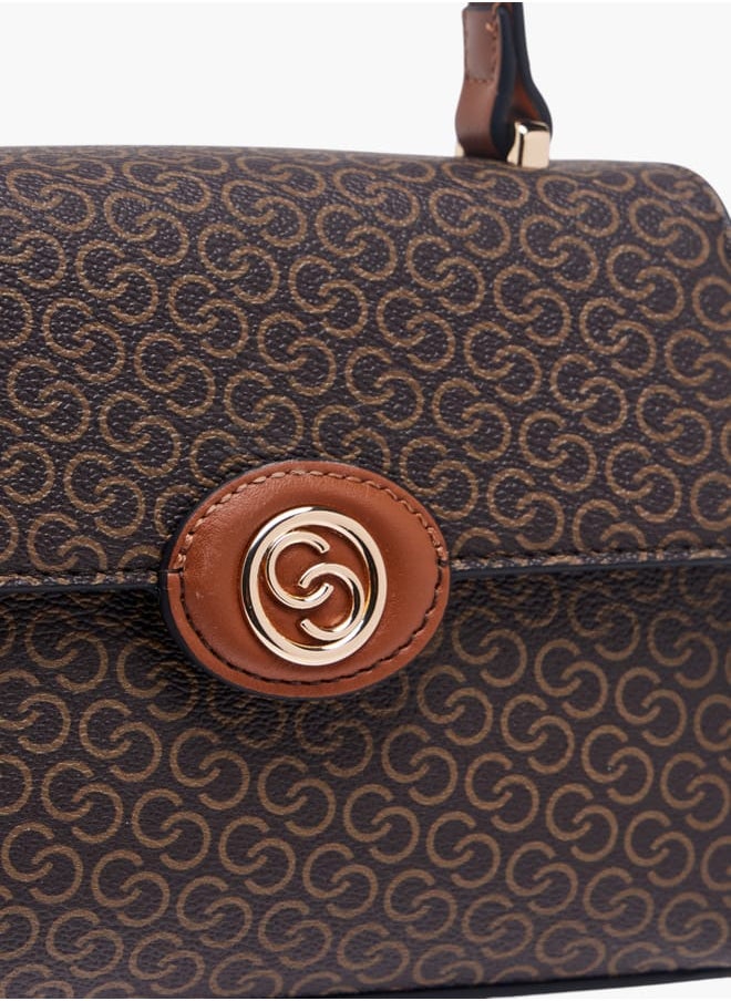 Women Monogram Print Satchel Bag with Button Closure and Adjustable Strap