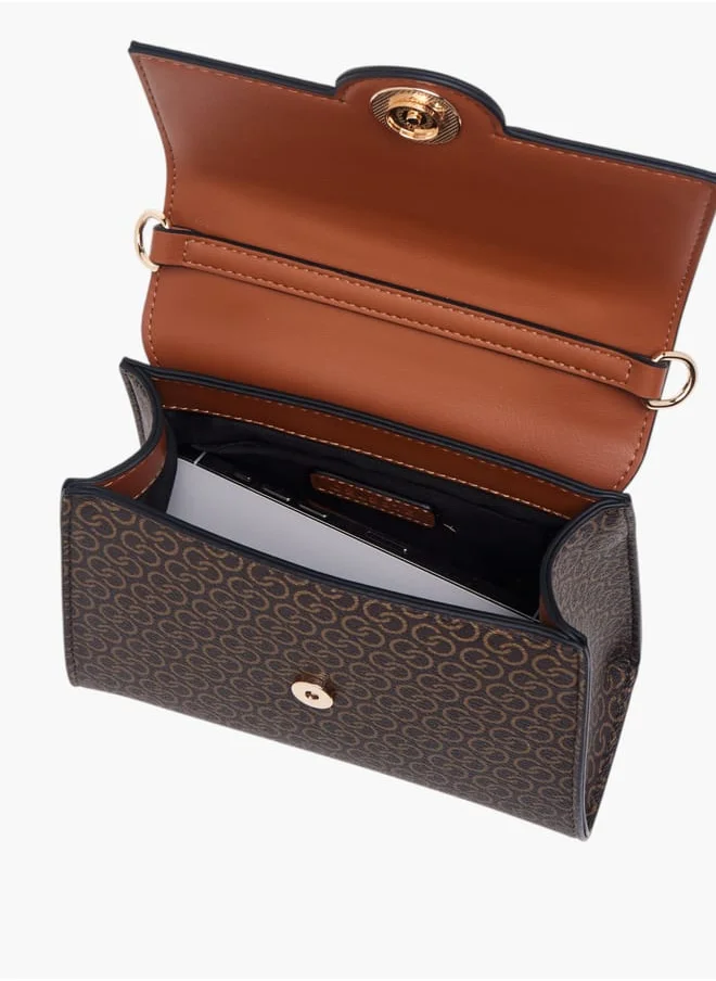 سيليست Women Monogram Print Satchel Bag with Button Closure and Adjustable Strap
