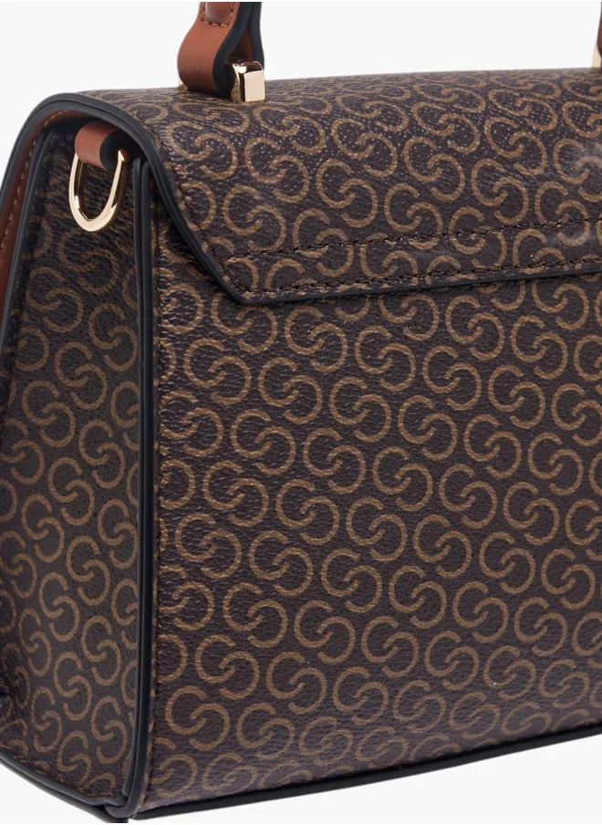 سيليست Women Monogram Print Satchel Bag with Button Closure and Adjustable Strap