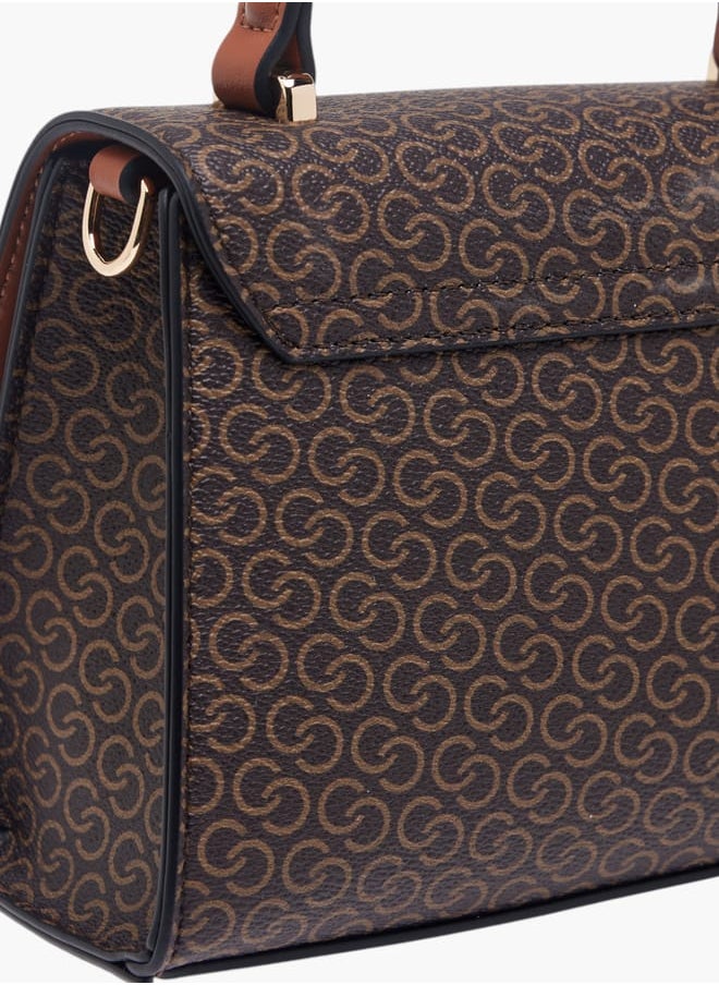 Women Monogram Print Satchel Bag with Button Closure and Adjustable Strap