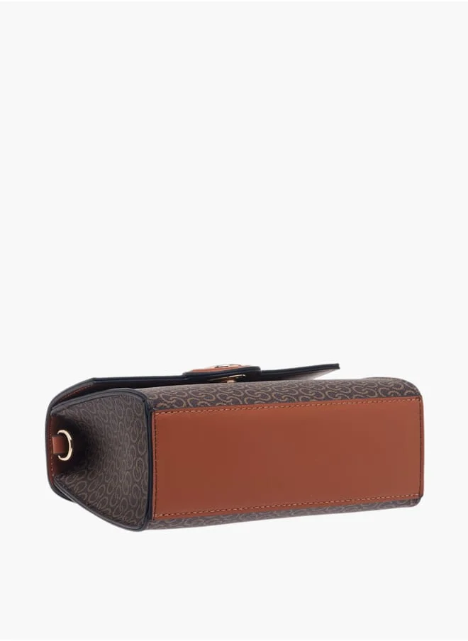 سيليست Women Monogram Print Satchel Bag with Button Closure and Adjustable Strap