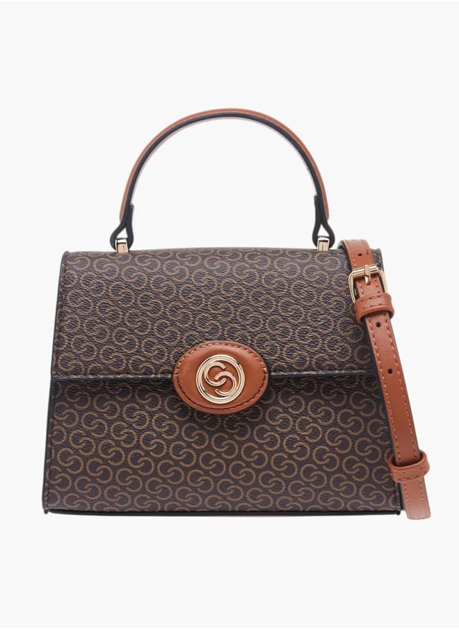 سيليست Women Monogram Print Satchel Bag with Button Closure and Adjustable Strap