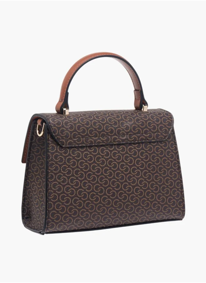 سيليست Women Monogram Print Satchel Bag with Button Closure and Adjustable Strap