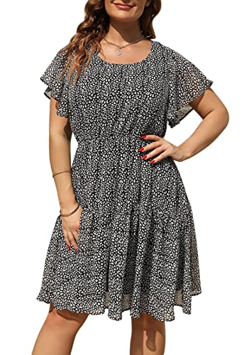 Nemidor Plus Size Summer Dresses for Curvy Women Casual Boho Midi Chiffon Print Floral Dress with Ruffle Sleeve 142629720Black Print
