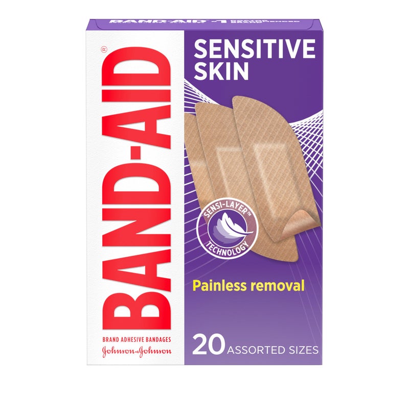 Band-Aid Brand Adhesive Bandages for Sensitive Skin, Hypoallergenic First Aid Bandages with Painless Removal, Stays on When Wet & Suitable for Eczema Prone Skin, Sterile, Assorted, 20 ct - Image 1