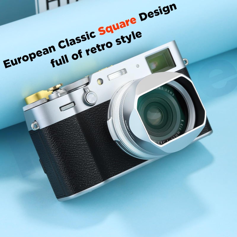 Haoge Square Metal Lens Hood for Fuji X100VI Fujifilm FinePix X100V X100F X100 X100S X100T X70 Camera Accessories Silver with Cap and 49mm Adapter Ring Kit - Image 3
