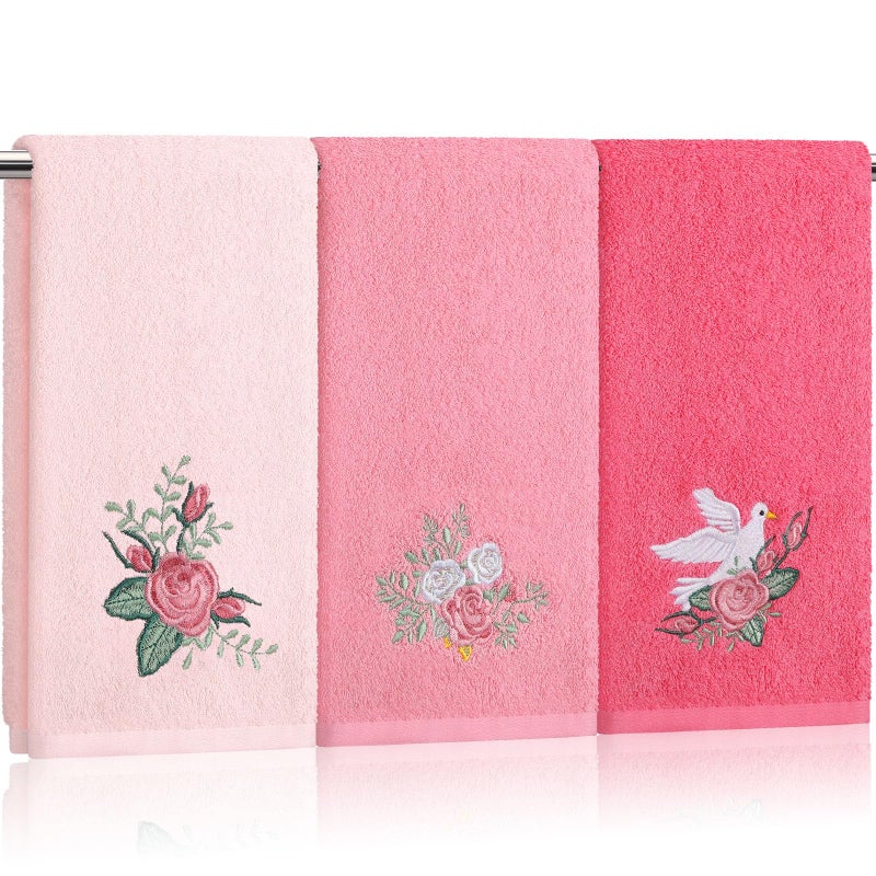 Tingjoo Rose Floral Hand Towels Farmhouse Pink Rose Bathroom Decor 14x29 Inch Embroidered Decorative Cute Summer Flowers Hand Towels Cotton Soft Absorbent Towels for Bathroom Kitchen - Image 1