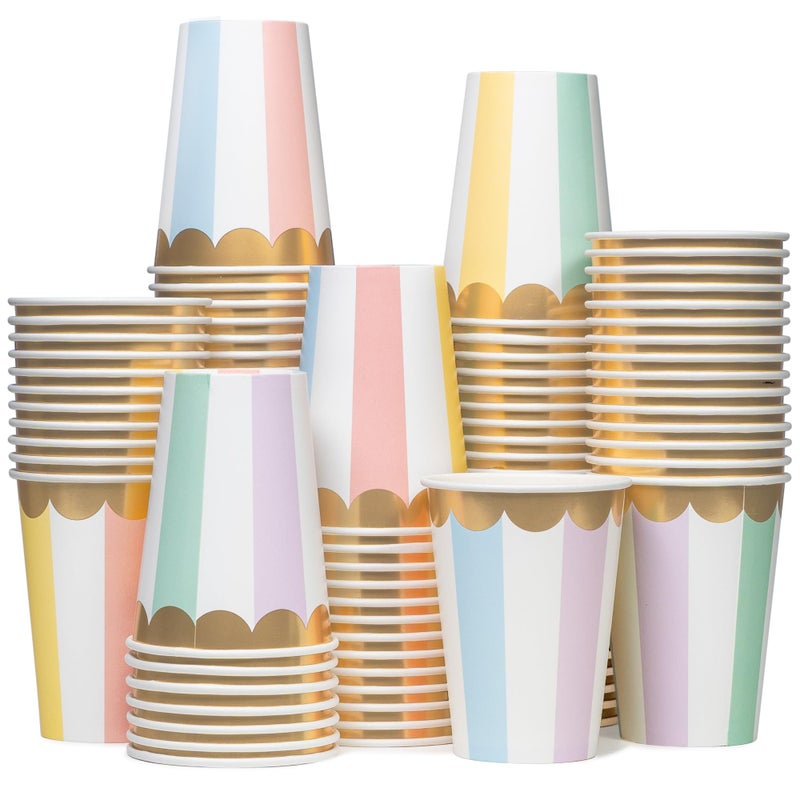 Confettiville Disposable Paper Coffee Cups  Bulk 100 Pack  Pastel Stripes  Leak-Resistant  12 oz Hot and Cold Cups for Restaurants and Parties - Image 1