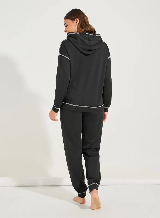 Styli Contrast Stitch Kangaroo Pocket Hoodie & Jogger Lounge Set