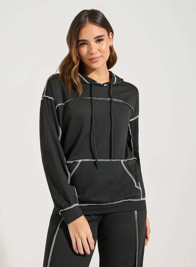 Styli Contrast Stitch Kangaroo Pocket Hoodie & Jogger Lounge Set