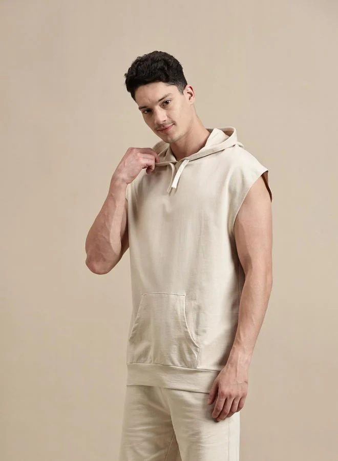 ECOLORE Men Beige Sleeveless Hoodie