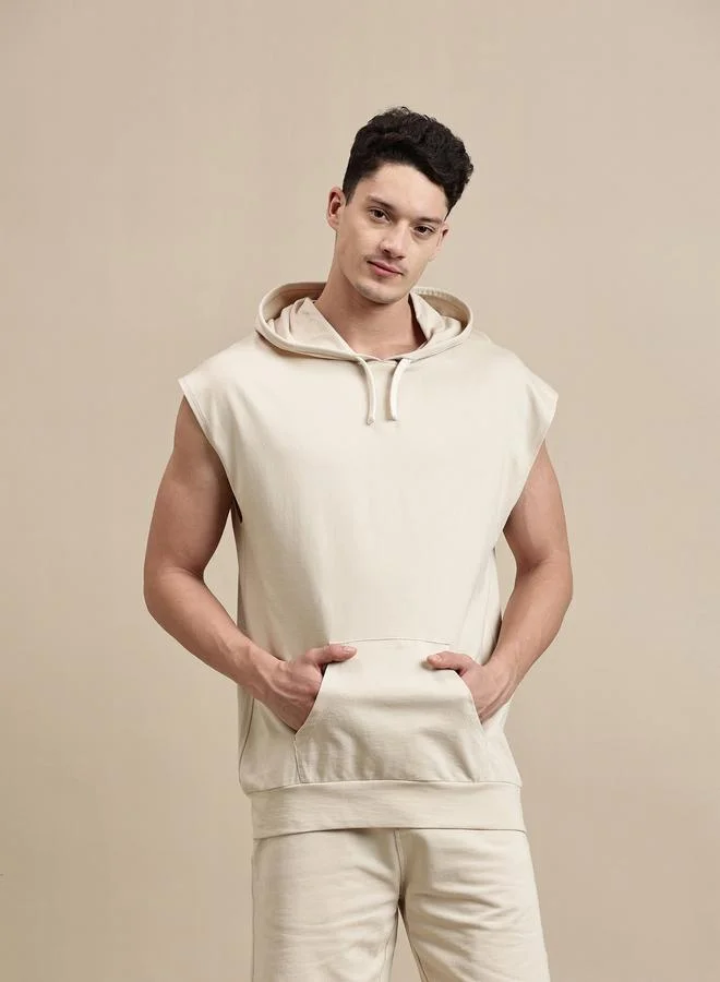 ECOLORE Men Beige Sleeveless Hoodie