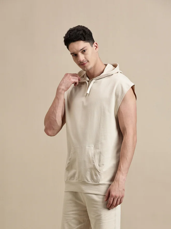 ECOLORE Men Beige Sleeveless Hoodie