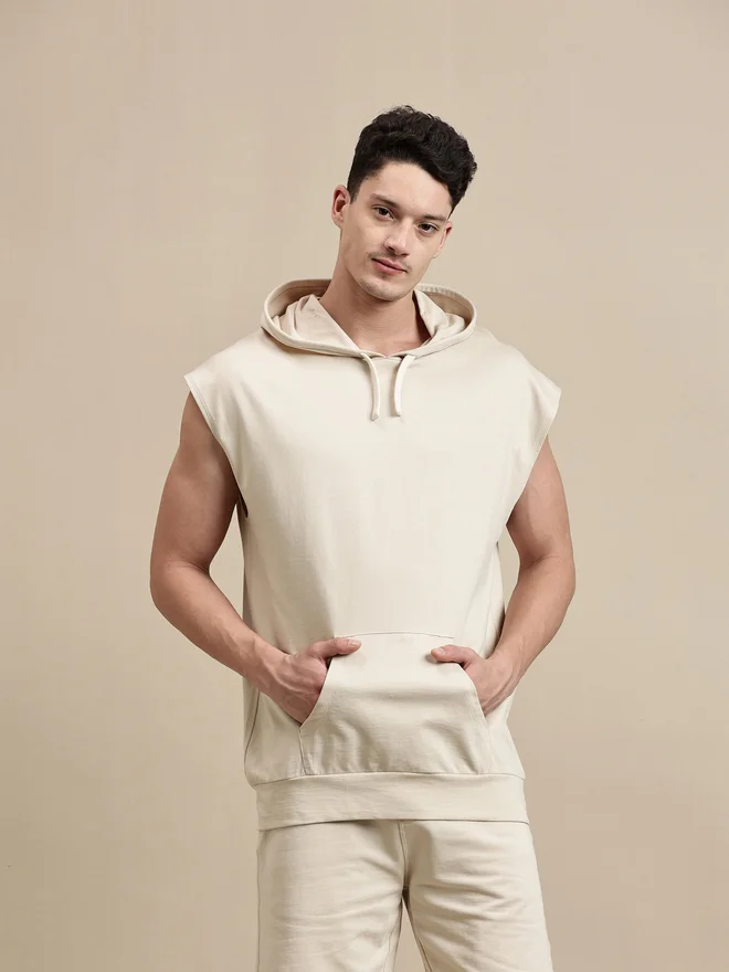 ECOLORE Men Beige Sleeveless Hoodie