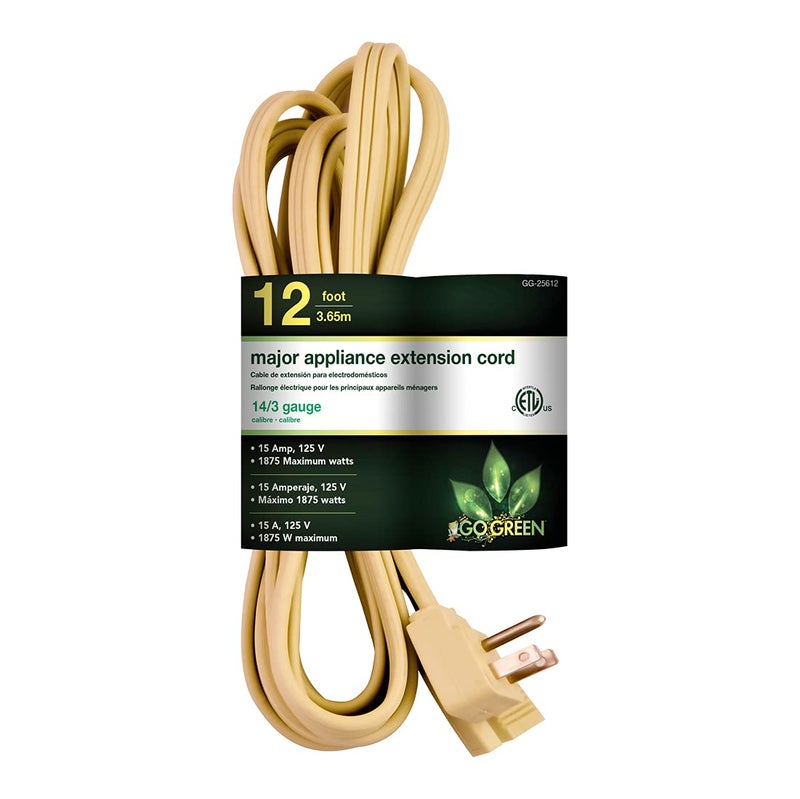 Go Green Power Inc 12ft Appliance Cord Beige 143 SPT Heavy Duty Grounded Plug KinkFree Ideal for Large Indoor Appliances