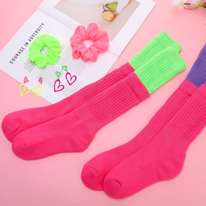 ZhouBoat 80s Neon Accessories for Women Neon Slouch Socks Heart Earrings Scrunchies for 80s 90s Party Halloween (Rose Red, Green, Purple) - Image 3