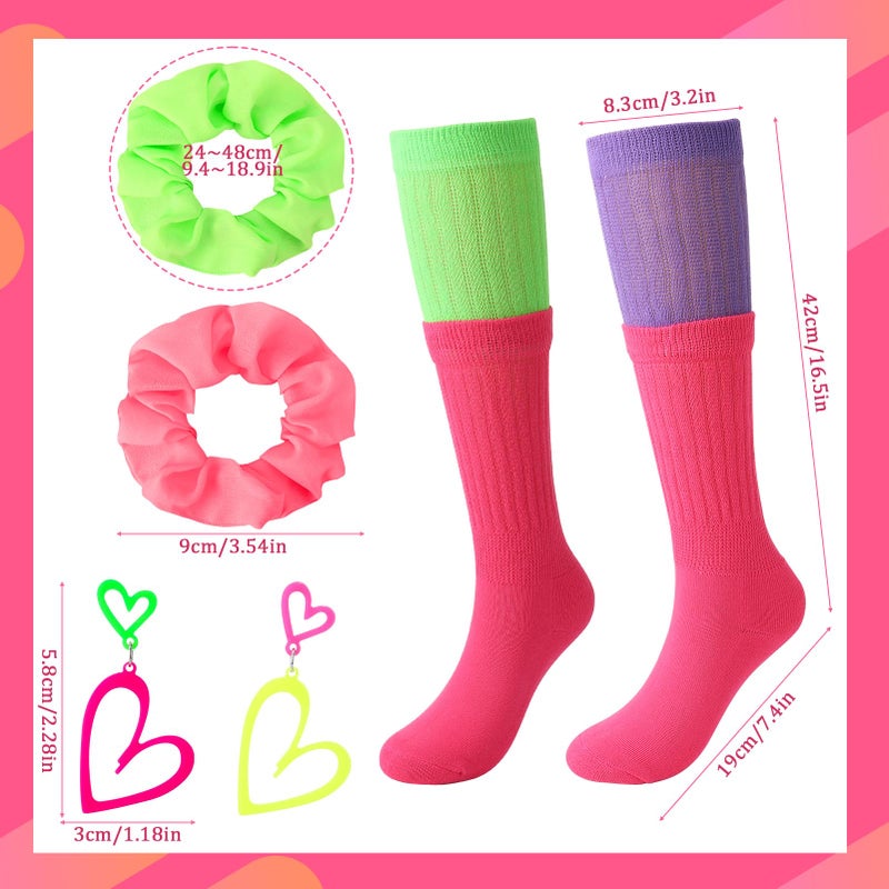 ZhouBoat 80s Neon Accessories for Women Neon Slouch Socks Heart Earrings Scrunchies for 80s 90s Party Halloween (Rose Red, Green, Purple) - Image 4