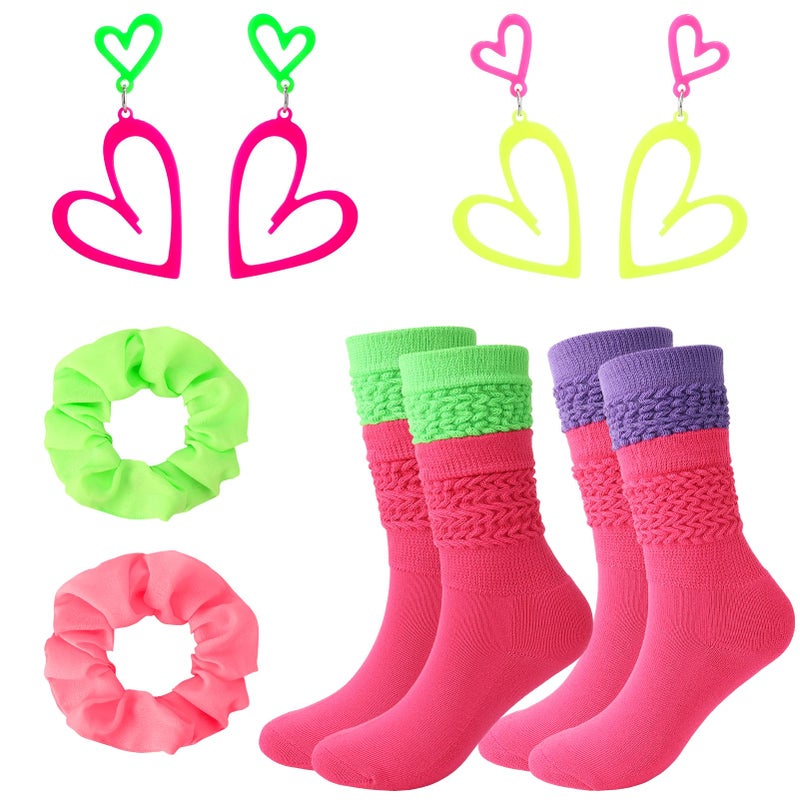 ZhouBoat 80s Neon Accessories for Women Neon Slouch Socks Heart Earrings Scrunchies for 80s 90s Party Halloween (Rose Red, Green, Purple) - Image 1