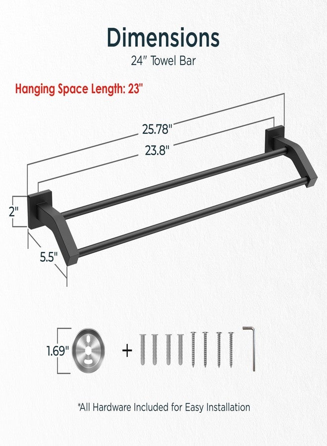 FORIOUS Double Towel Bar, 24 Inch Dual Towel Racks for Bathroom Wall Mounted, Thicken SUS304 Stainless Steel Bath Square Towel Rod Towel Holder Rail, Matte Black - Image 2