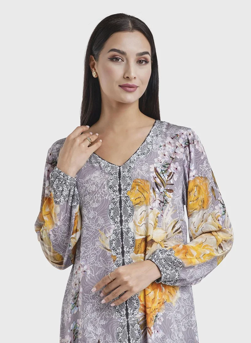 KASHKHA Grey Viscose Floral Digital Print Jalabiya (VDE386)