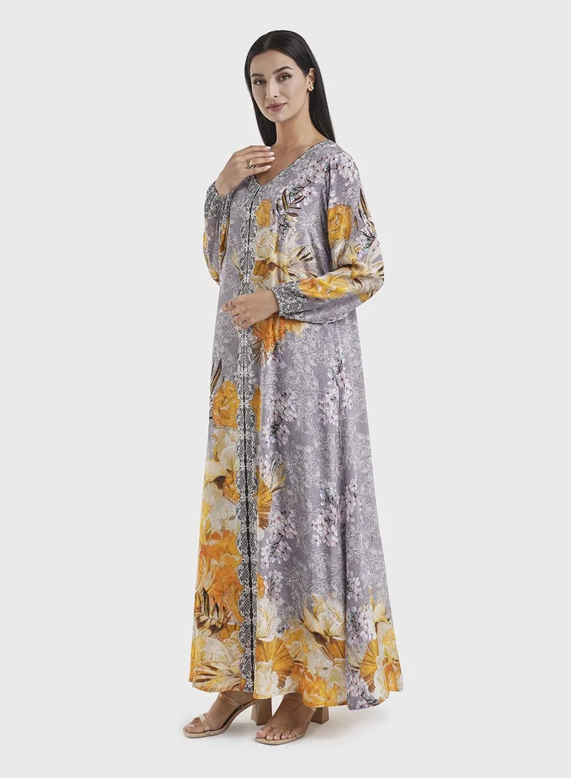 KASHKHA  Grey Viscose Floral Digital Print Jalabiya (VDE386) for Women | Best Price UAE