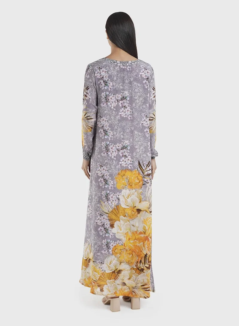 KASHKHA  Grey Viscose Floral Digital Print Jalabiya (VDE386) for Women | Best Price UAE