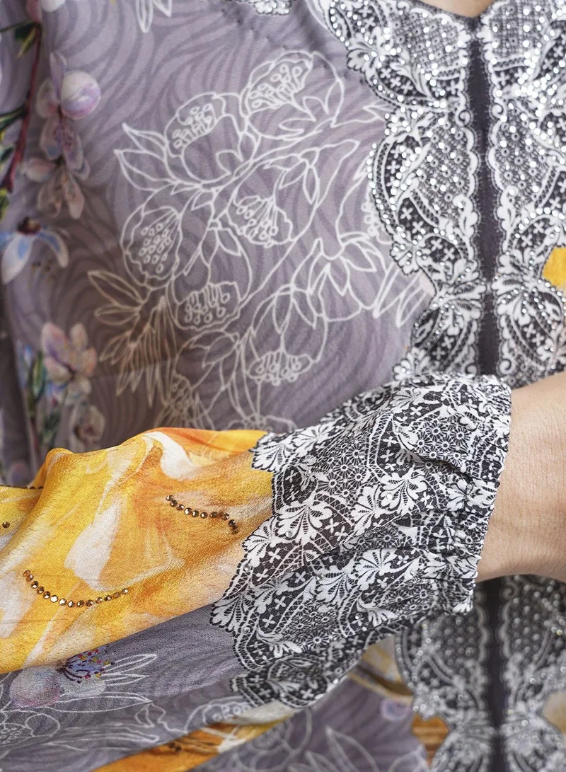 KASHKHA  Grey Viscose Floral Digital Print Jalabiya (VDE386) for Women | Best Price UAE