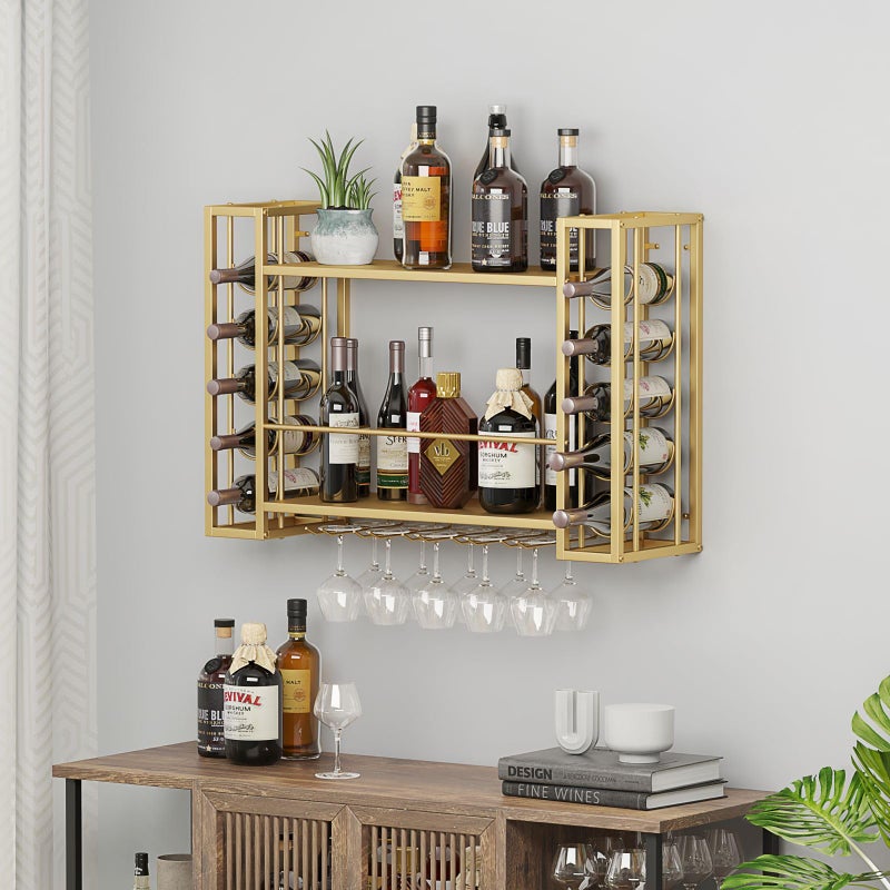 ZAOBAS Wall Mounted Wine Rack, Wine Rack Wall Mounted with Wine Glass Rack, 2-Tier Multi-Functional Shelf for Home Restaurant Bar Storage Rack (Gold, 31.5" W x 9.8" D x 21.6" H) - Image 3