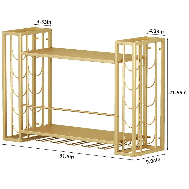 ZAOBAS Wall Mounted Wine Rack, Wine Rack Wall Mounted with Wine Glass Rack, 2-Tier Multi-Functional Shelf for Home Restaurant Bar Storage Rack (Gold, 31.5" W x 9.8" D x 21.6" H) - Image 2