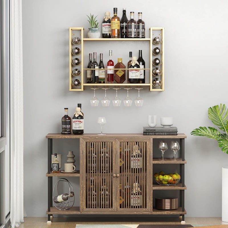 ZAOBAS Wall Mounted Wine Rack, Wine Rack Wall Mounted with Wine Glass Rack, 2-Tier Multi-Functional Shelf for Home Restaurant Bar Storage Rack (Gold, 31.5" W x 9.8" D x 21.6" H) - Image 5