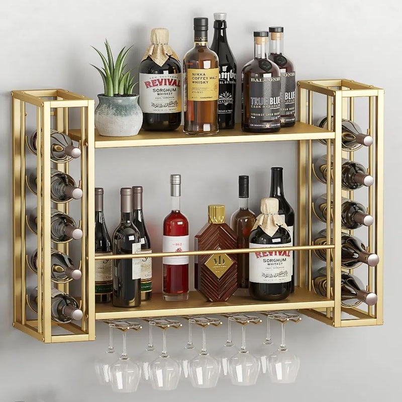 ZAOBAS Wall Mounted Wine Rack, Wine Rack Wall Mounted with Wine Glass Rack, 2-Tier Multi-Functional Shelf for Home Restaurant Bar Storage Rack (Gold, 31.5" W x 9.8" D x 21.6" H) - Image 1