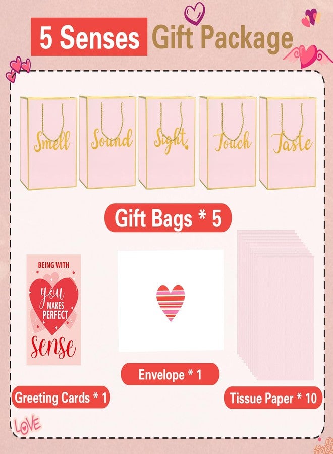 TQQBUU 11.4"x 8.6" Five Senses Gift Bags for Him or Her - Sight Smell Touch Taste Sound Gift Bags with Tissue Paper, Greeting Card and Envelope (Pink, 11.4"x 8.6"x 4") - Image 2