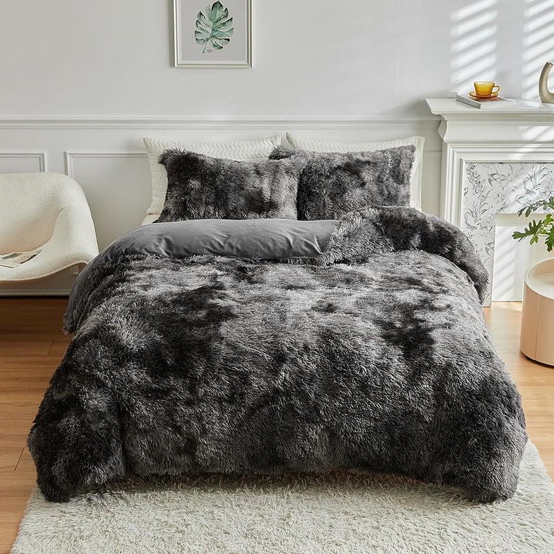 Wajade Faux Fur Plush Tie Dye Dark Grey White Comforter Set Fluffy Fuzzy Shaggy Bedding Set  3PC Queen Size Microfiber Soft Warm Quilt Set