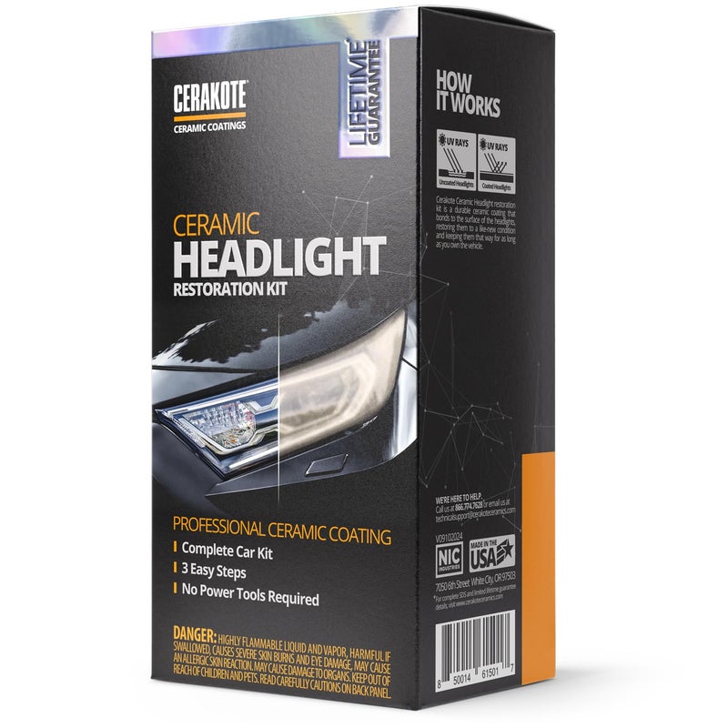 CERAKOTE® Ceramic Headlight Restoration Kit - Guaranteed To Last As Long As You Own Your Vehicle - Brings Headlights back to Like New Condition - 3 Easy Steps - No Power Tools Required